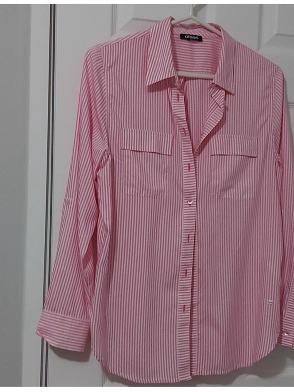 Sigrid Olsen Pink and White Striped Button-Down Blouse